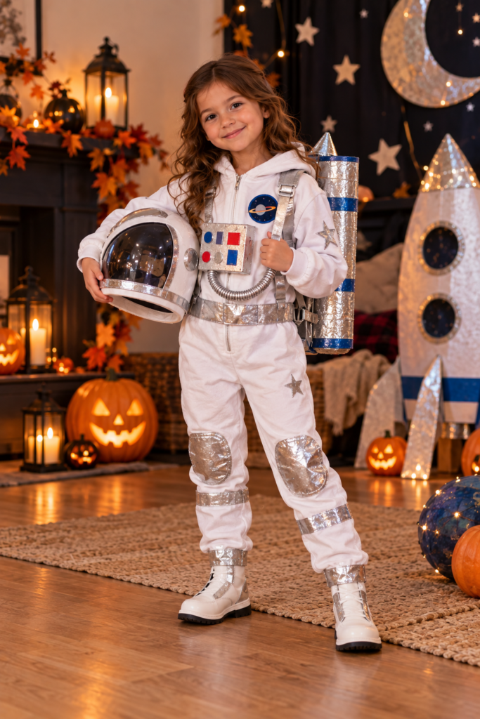 Young girl wearing a DIY astronaut costume with silver foil details, holding a helmet in a room decorated with lit Halloween pumpkins.