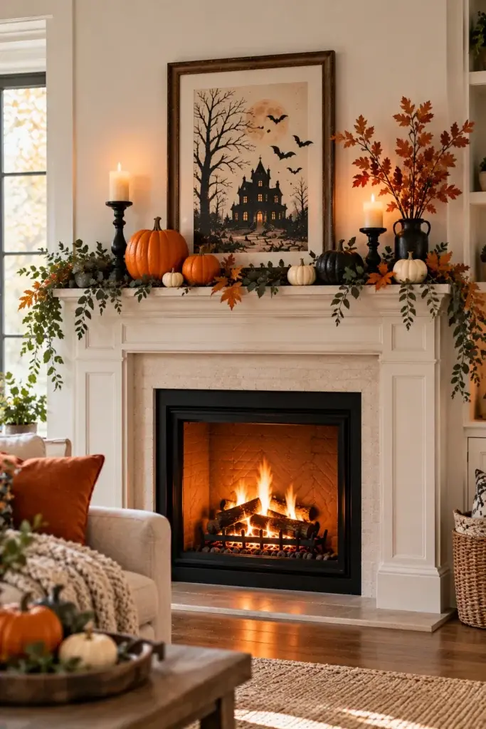 Easy Halloween mantel with a framed print, pumpkins, candleholders, and greenery.