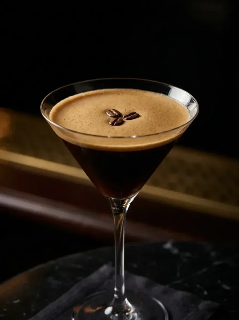 A dark cocktail in a martini glass topped with a light brown foam and three coffee beans, set on a dark surface.