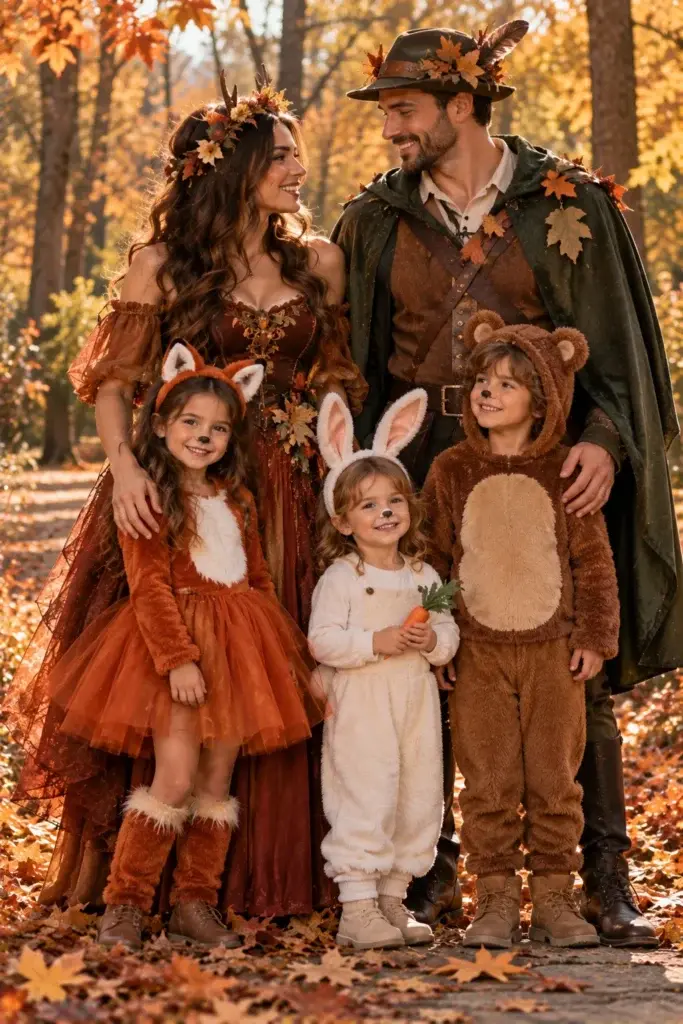 A family dressed in woodland-themed Halloween costumes, including a bear, bunny, and fox, standing together in a forest with autumn leaves.