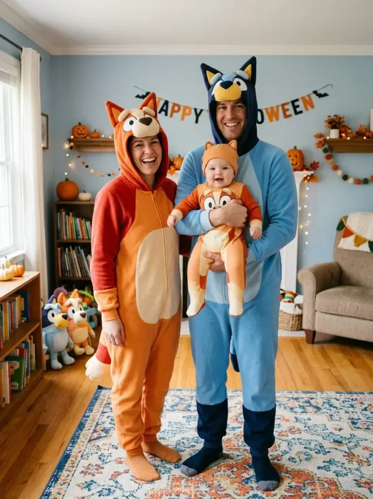 A family of three wearing matching Bluey character onesies in a living room decorated with pumpkins and a Happy Halloween banner.