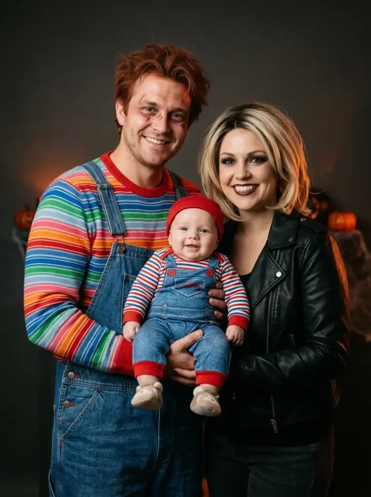 A man in a striped shirt and overalls, a woman in a black leather jacket, and a baby in a matching striped outfit and red beanie pose together for a Halloween photo.
