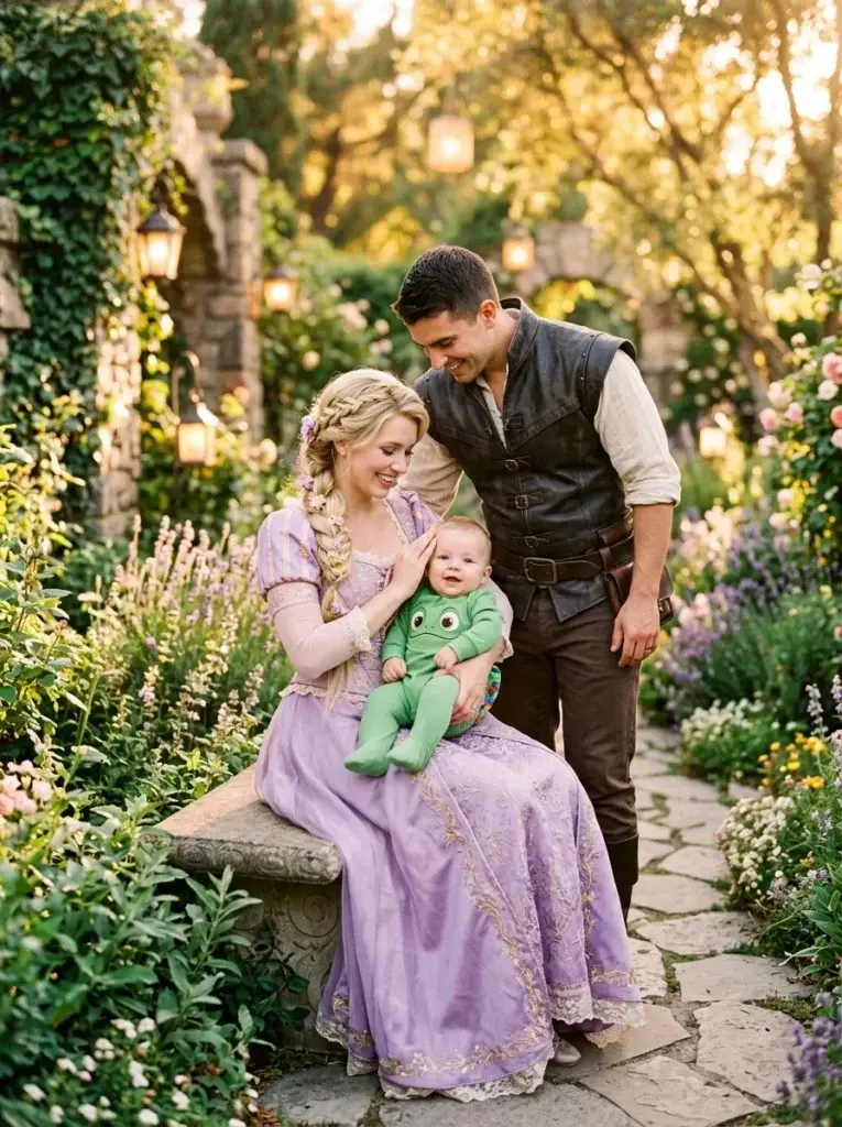 A couple and baby in medieval-style costumes sitting on a stone bench in a garden with hanging lanterns and flowers.