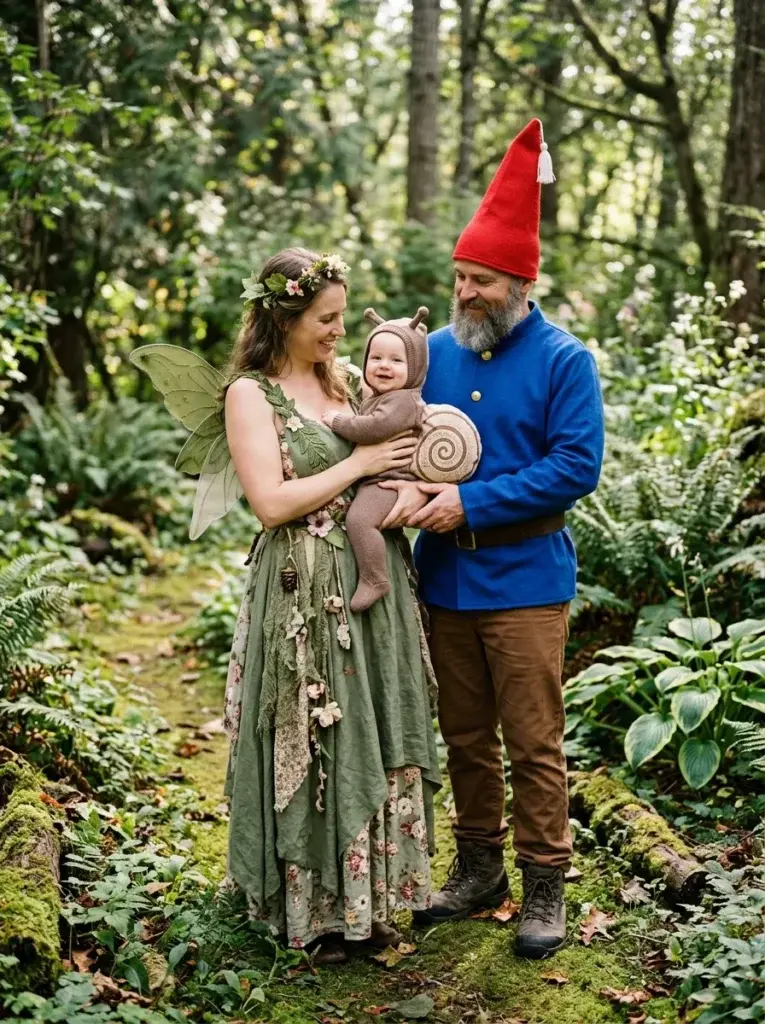 A family of three dressed as a fairy, gnome, and snail standing together in a lush, green forest setting.