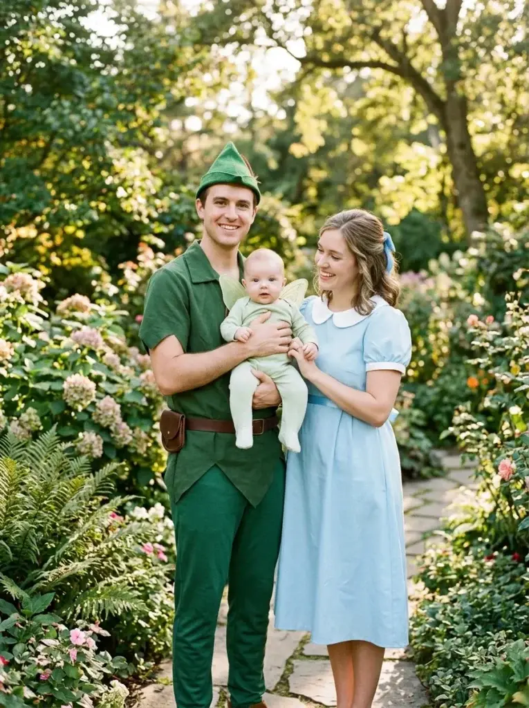 A man in a green Peter Pan outfit and a woman in a blue Tinkerbell dress hold a baby in a matching green costume while standing in a garden.