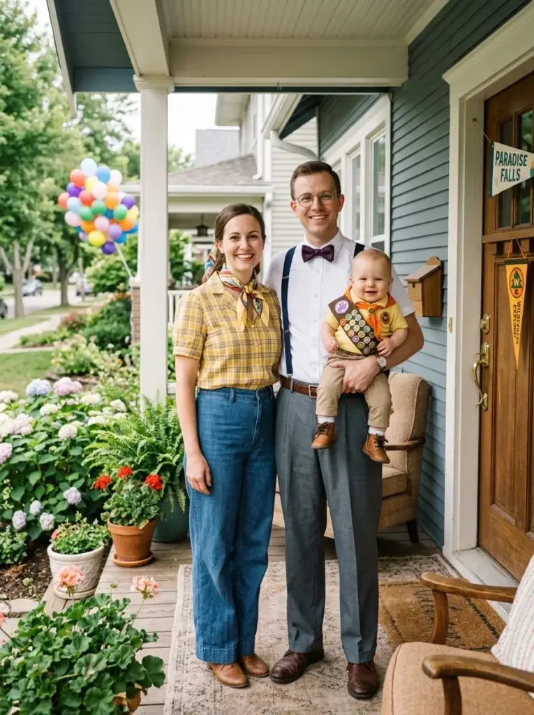 A family of three wearing matching scout costumes stands on a front porch with a baby in a sash and badges, surrounded by potted flowers and a 'Paradise Falls' sign.