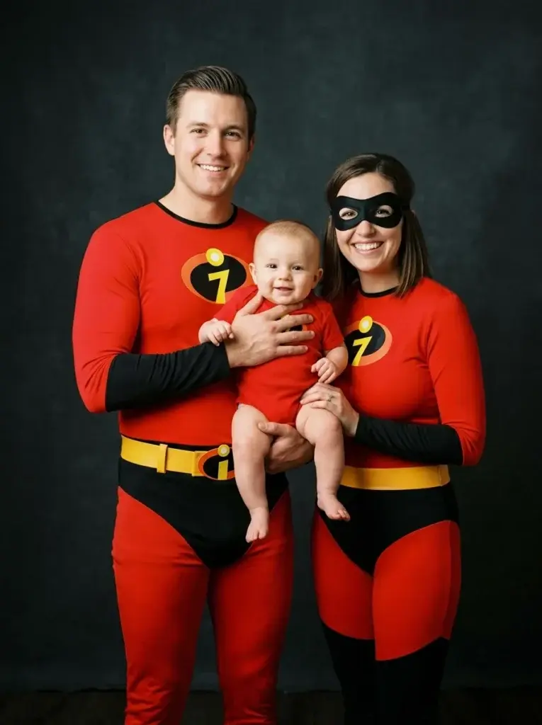 A family of three wearing matching red and black Incredibles costumes, with the mother holding a baby in a red onesie.