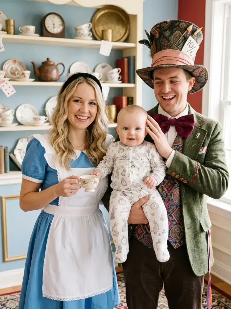 A family dressed as Alice and the Mad Hatter holding a baby in a white onesie, standing in front of shelves with teacups and playing cards.