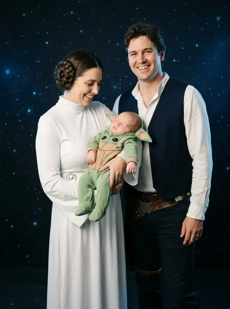 A couple dressed as Star Wars characters holding a baby in a green costume against a starry background.