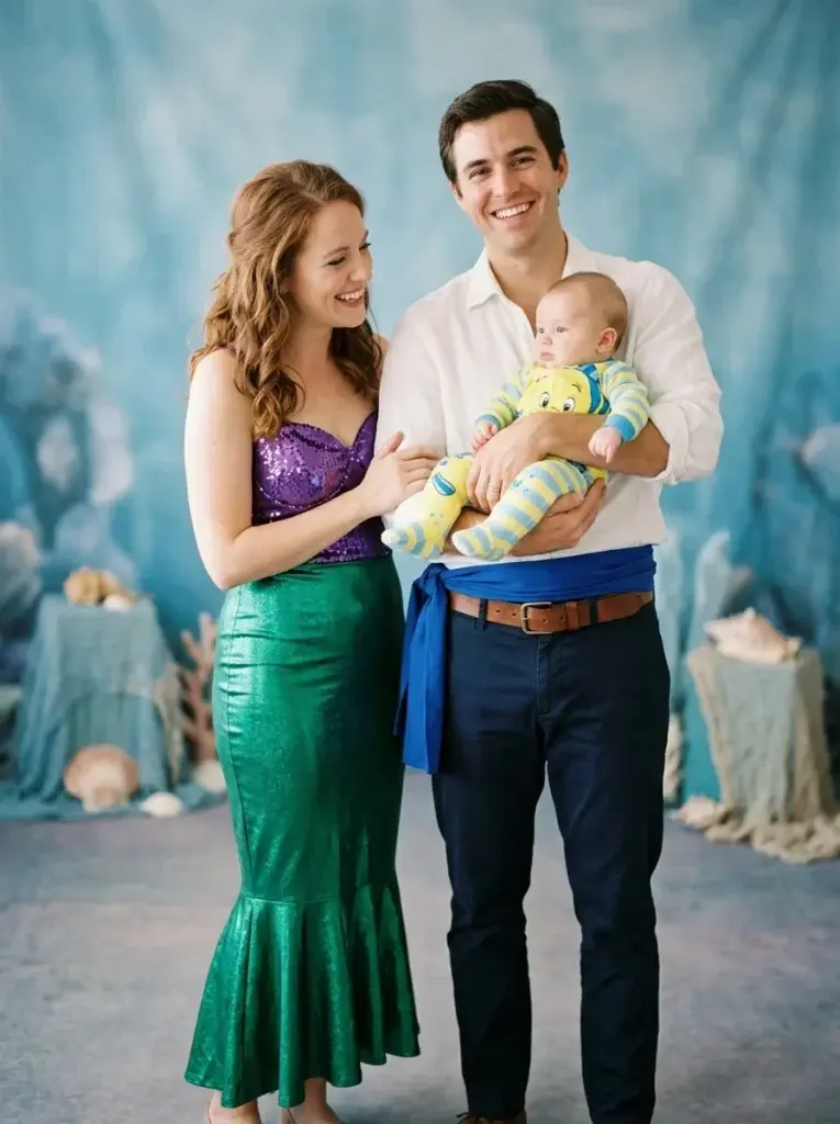 A family of three dressed in an under-the-sea theme, featuring a woman in a mermaid costume, a man in a white shirt, and a baby in a fish onesie.