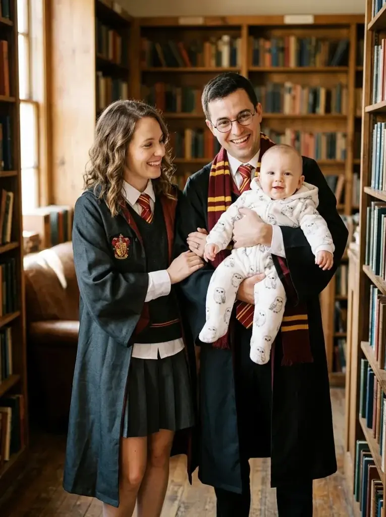 A family of three wearing matching wizard costumes with scarves and robes, holding a baby in a library setting.