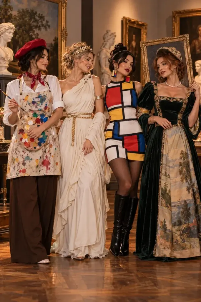 Four women dressed as famous paintings, including a painter in an apron, a figure in a white toga, a dress with a Mondrian pattern, and a woman in a green gown holding a frame.