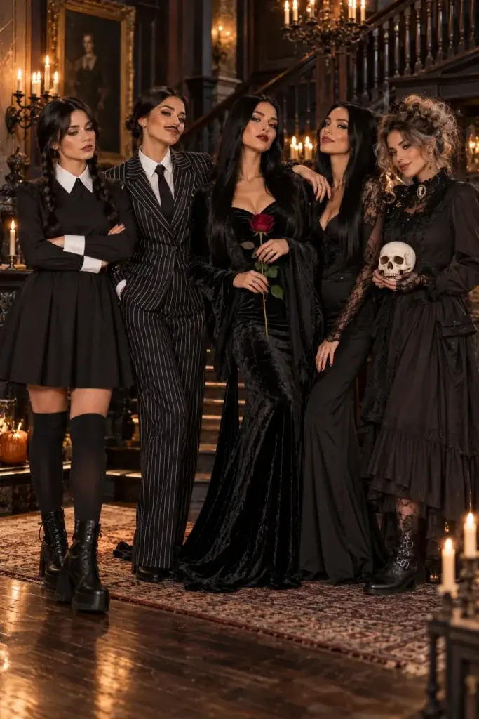 A group of five women wearing coordinated black outfits, including a pinstripe suit, a velvet gown, and a gothic dress, standing together in a candlelit room with a staircase.