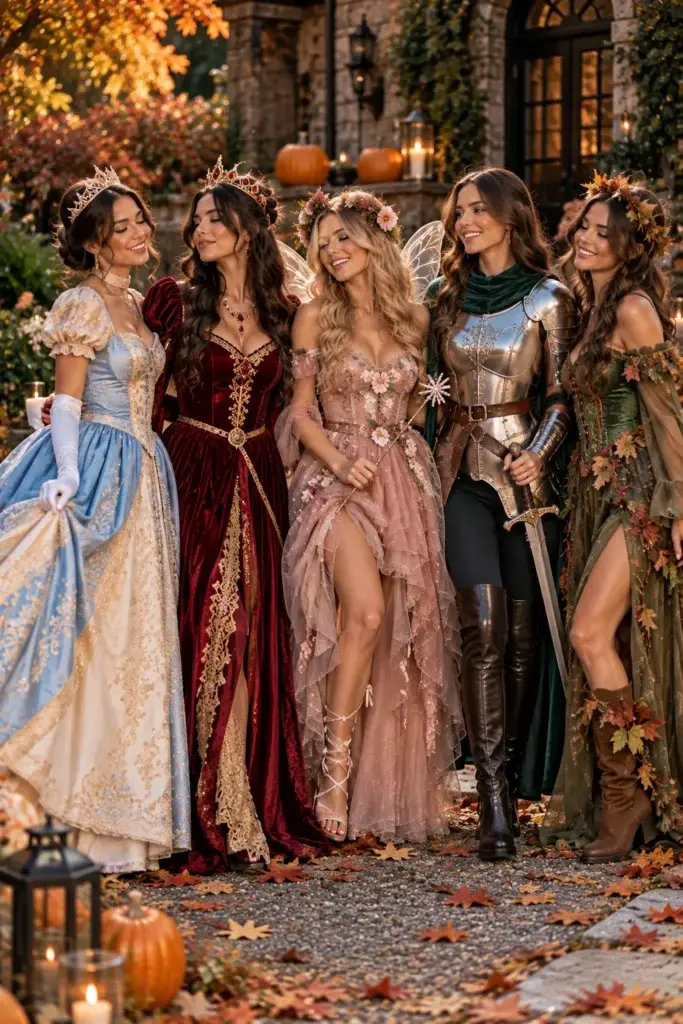 A group of five women wearing elaborate medieval and fantasy-inspired outfits, including gowns, armor, and crowns, standing together outdoors on a path with autumn leaves and pumpkins.