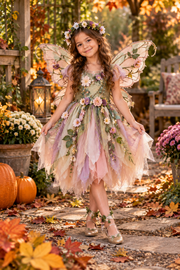 A young girl wearing a layered tulle dress decorated with artificial flowers and translucent butterfly wings, standing on a stone path with autumn leaves and pumpkins nearby.