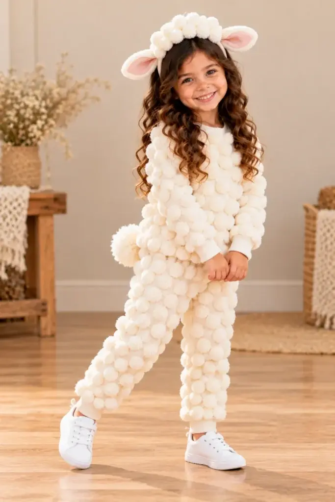 A young girl wearing a white pom pom jumpsuit and a matching headband with bunny ears, standing on a wooden floor.