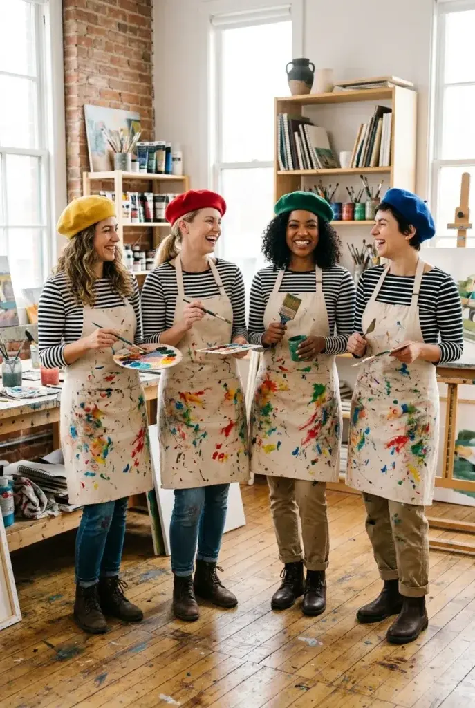 Four women wearing striped shirts, paint-splattered aprons, and colorful berets stand in a studio holding paintbrushes and palettes.