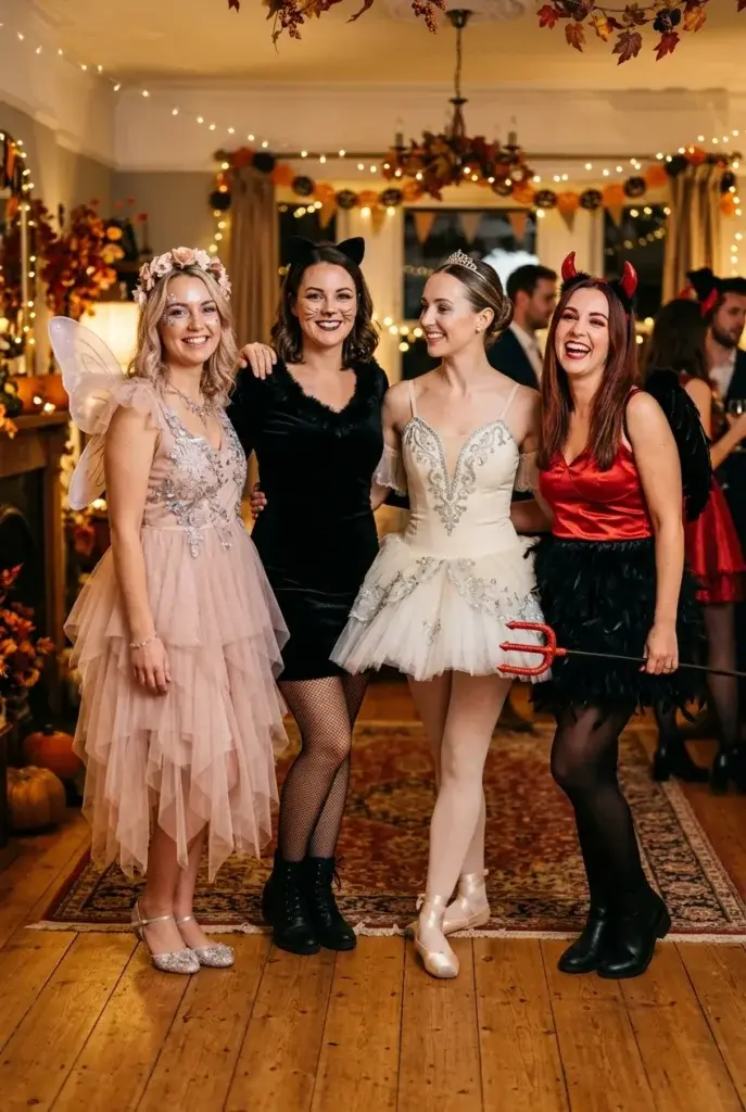 Four women posing together in a decorated room, wearing costumes as a fairy, cat, ballerina, and devil.