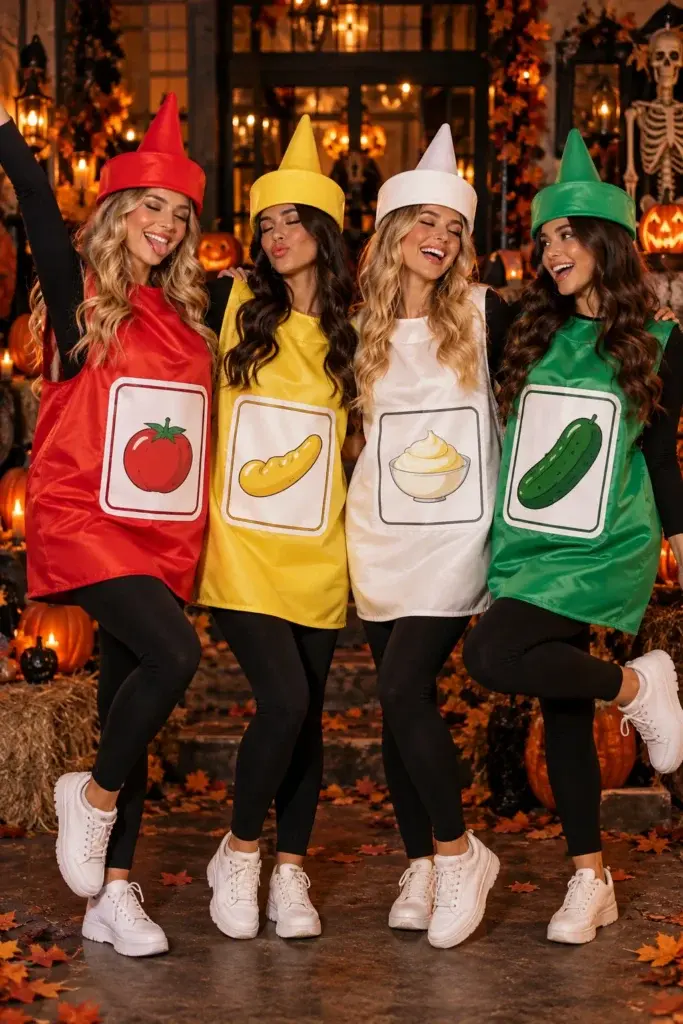 Four women wearing matching Halloween costumes as a tomato, hot dog, mayonnaise, and pickle, posing together in a room decorated with pumpkins and a skeleton.