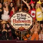A collage showing four different group Halloween costume concepts: friends dressed as fairies and devils, friends in fruit-themed costumes, a group in gothic vampire outfits, and friends in 70s style attire.
