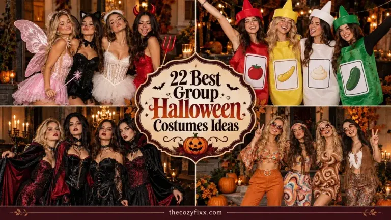 A collage showing four different group Halloween costume concepts: friends dressed as fairies and devils, friends in fruit-themed costumes, a group in gothic vampire outfits, and friends in 70s style attire.