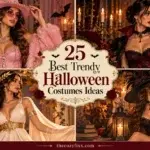A collage showing four women in different Halloween costumes: a pink cowboy outfit, a red and black vampire dress, a white goddess gown, and a black witch ensemble with a cat.