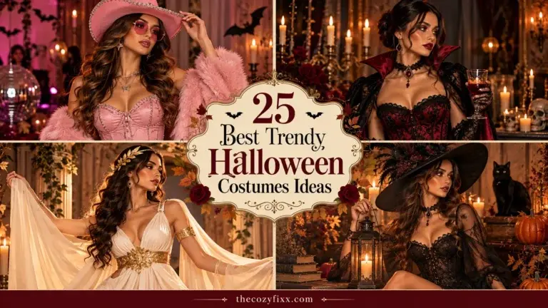 A collage showing four women in different Halloween costumes: a pink cowboy outfit, a red and black vampire dress, a white goddess gown, and a black witch ensemble with a cat.