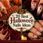 A collage showing four different Halloween nail designs: orange pumpkins, red metallic stiletto nails, white nails with red drips, and black spiderwebs on nude tips.