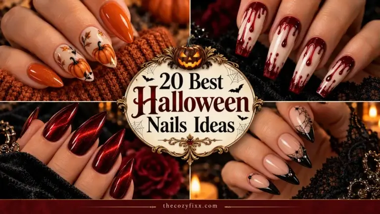 A collage showing four different Halloween nail designs: orange pumpkins, red metallic stiletto nails, white nails with red drips, and black spiderwebs on nude tips.