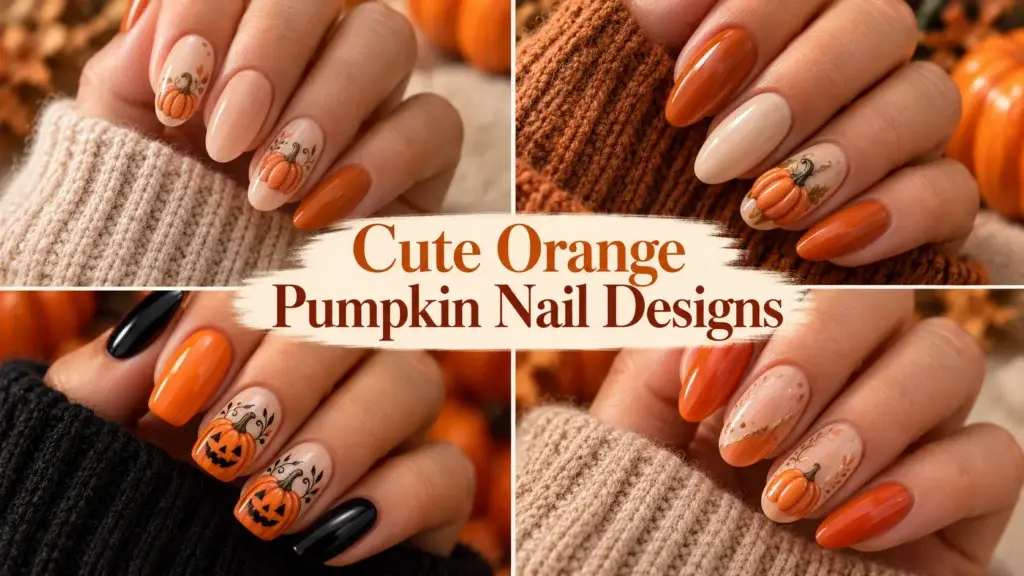 A collage of four hands showing different orange and cream nail art styles featuring hand-painted pumpkins and jack-o'-lanterns, set against a background of knit sweaters and small pumpkins.