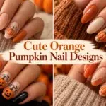 A collage of four hands showing different orange and cream nail art styles featuring hand-painted pumpkins and jack-o'-lanterns, set against a background of knit sweaters and small pumpkins.