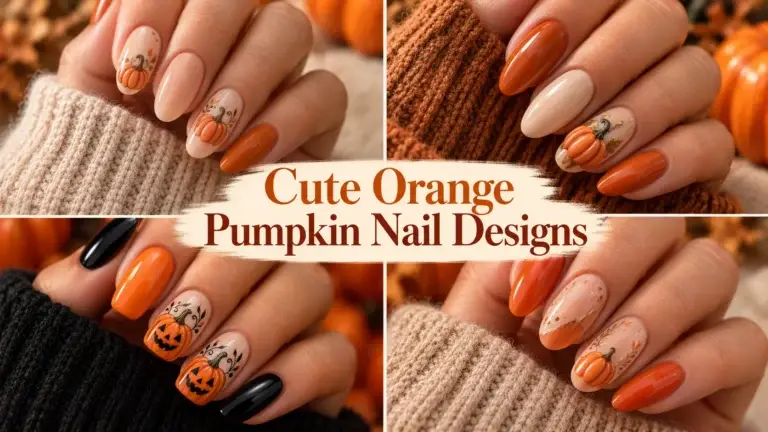 A collage of four hands showing different orange and cream nail art styles featuring hand-painted pumpkins and jack-o'-lanterns, set against a background of knit sweaters and small pumpkins.