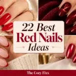 A collage of four hands displaying different red nail designs, including classic red, glittery burgundy, French tips, and metallic red, set against cozy knit textures.
