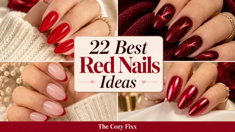 A collage of four hands displaying different red nail designs, including classic red, glittery burgundy, French tips, and metallic red, set against cozy knit textures.
