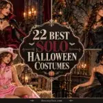 A collage showing four different women in Halloween costumes: a vampire in red velvet, a fairy with black wings, a pink cowgirl, and a black tutu dancer.