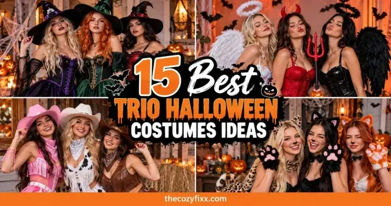 A collage showing four different groups of three women in Halloween costumes: witches in corsets, cowboys with hats, an angel and devil duo, and cat-themed outfits.