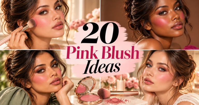 A collage of four photos showing different women with pink blush on their cheeks, including one applying it with a brush and one next to an open compact.