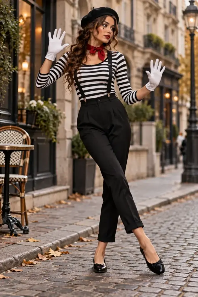 A woman wearing a black beret, striped shirt, and black trousers with suspenders, posing on a cobblestone street with white gloves.