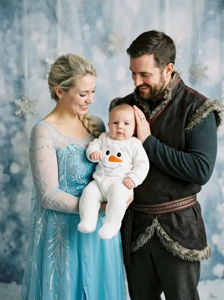 A family dressed in Frozen costumes, with a baby in a snowman onesie, a woman in a blue gown, and a man in a dark tunic.