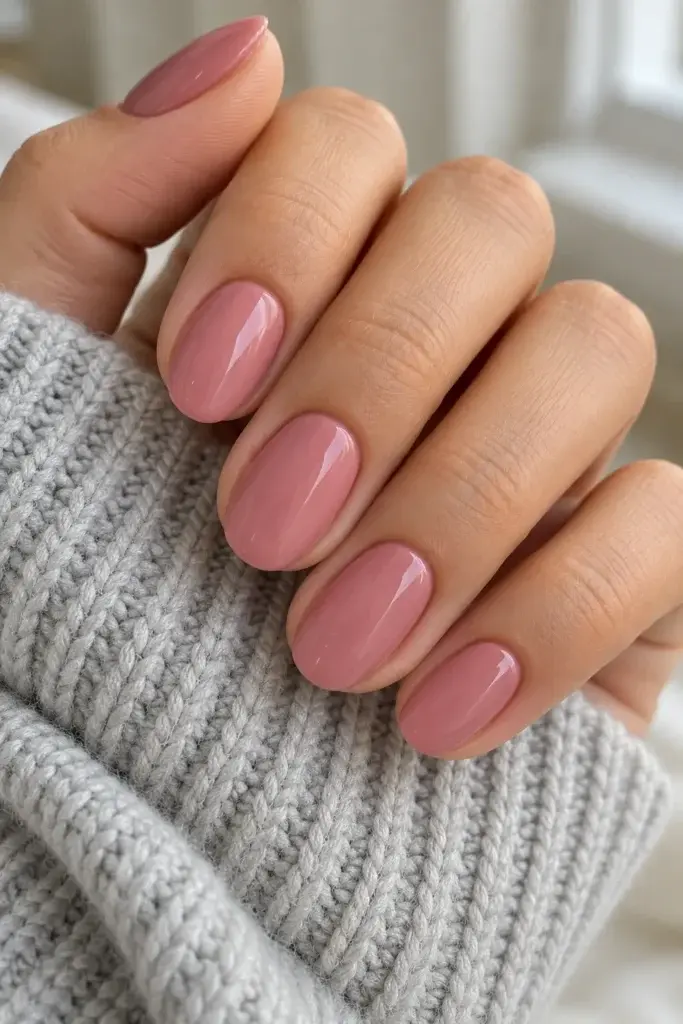 A close-up of a hand with glossy, dusty rose pink oval nails resting against a gray knit sweater sleeve.