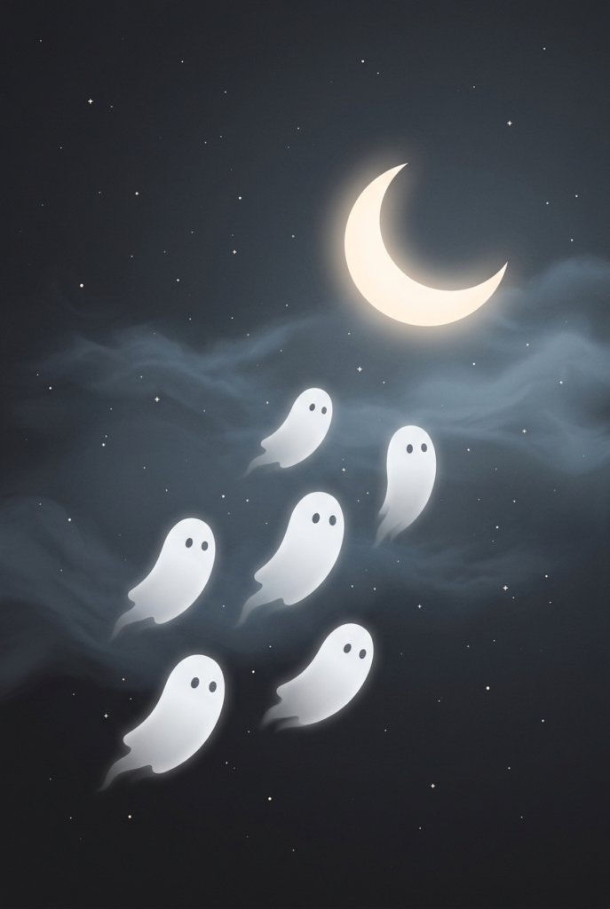 Six glowing white ghosts float upward through a dark, starry night sky beneath a crescent moon and soft clouds.