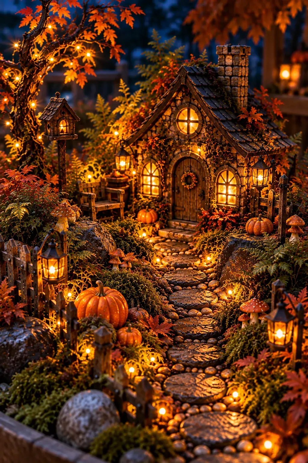 Glowing Halloween fairy garden with warm miniature lights around a tiny cottage.