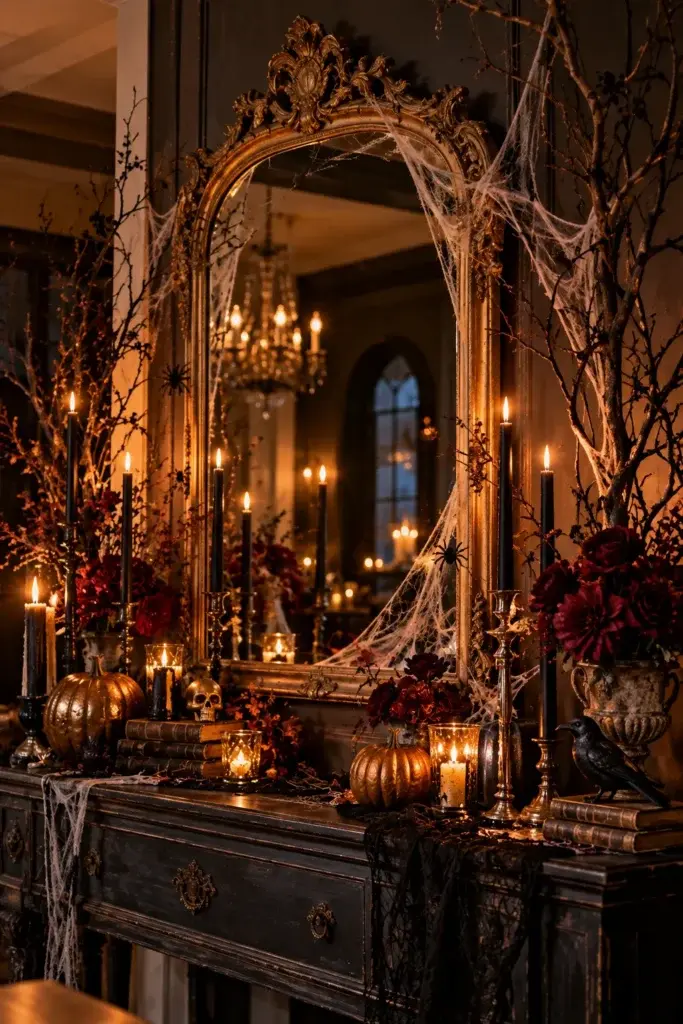 A dining room chandelier draped in fake spider webs and black spiders, hanging above a table set with pumpkins, candles, and dark linens.