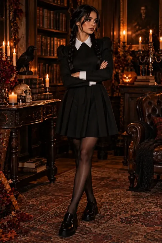A woman wearing a black pleated skirt, white collared shirt, and platform loafers stands in a dimly lit room with candles and a crow statue.