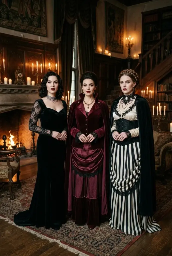 Three women in Victorian-era gothic costumes standing in a candlelit room with a fireplace and bookshelves.