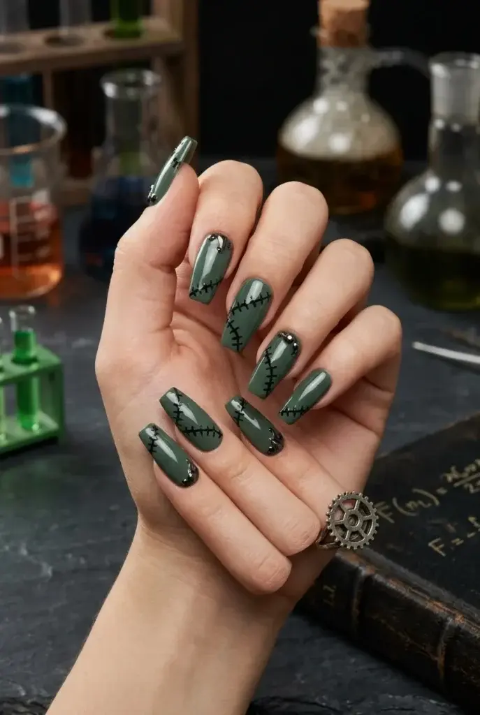 A hand with long, almond-shaped nails painted in a matte sage green shade, featuring black hand-painted stitch designs and small silver studs, set against a background of glass laboratory flasks and a vintage book.