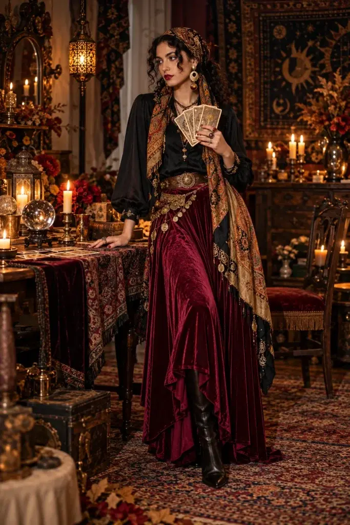 A woman in a burgundy velvet skirt and black blouse with a paisley shawl holds tarot cards in a candlelit room with vintage decor.