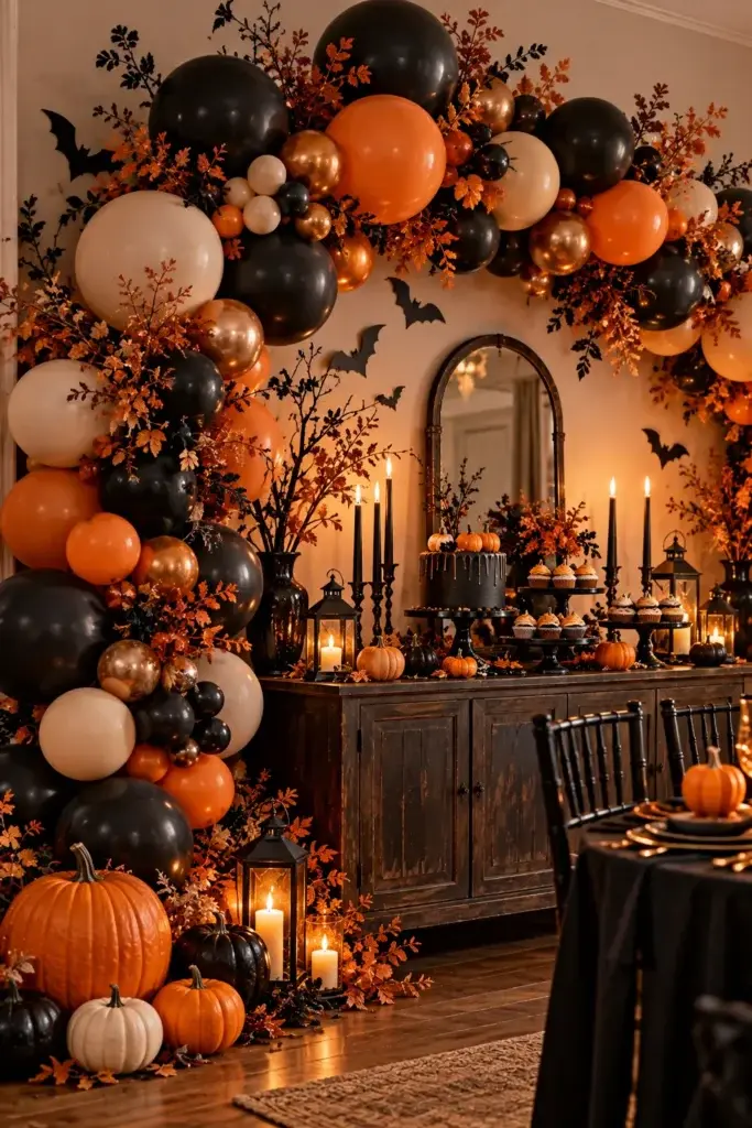 A Halloween party setup featuring a large balloon arch in black, orange, and gold with autumn leaves, a dark wooden sideboard holding a cake and cupcakes, and pumpkins on the floor.
