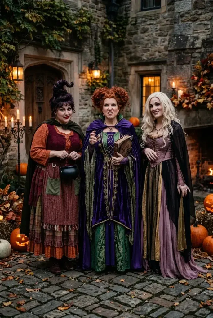 Three women in medieval-style Halloween costumes standing on a cobblestone path near a stone building with pumpkins and autumn leaves.