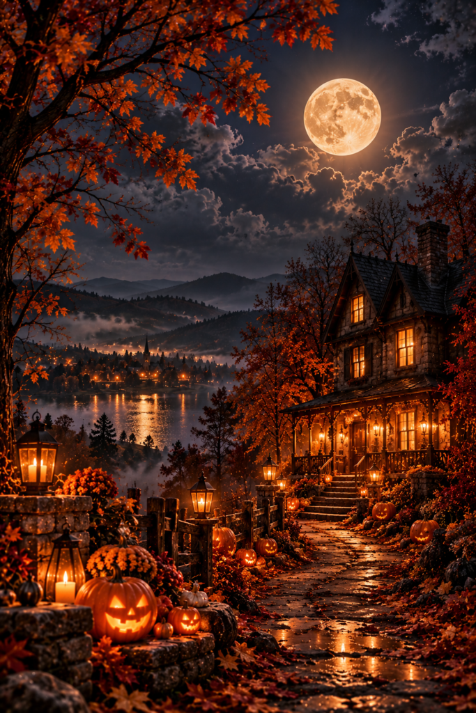 A stone cottage with glowing windows sits under a large full moon, surrounded by carved pumpkins, lanterns, and autumn leaves on a wet path.